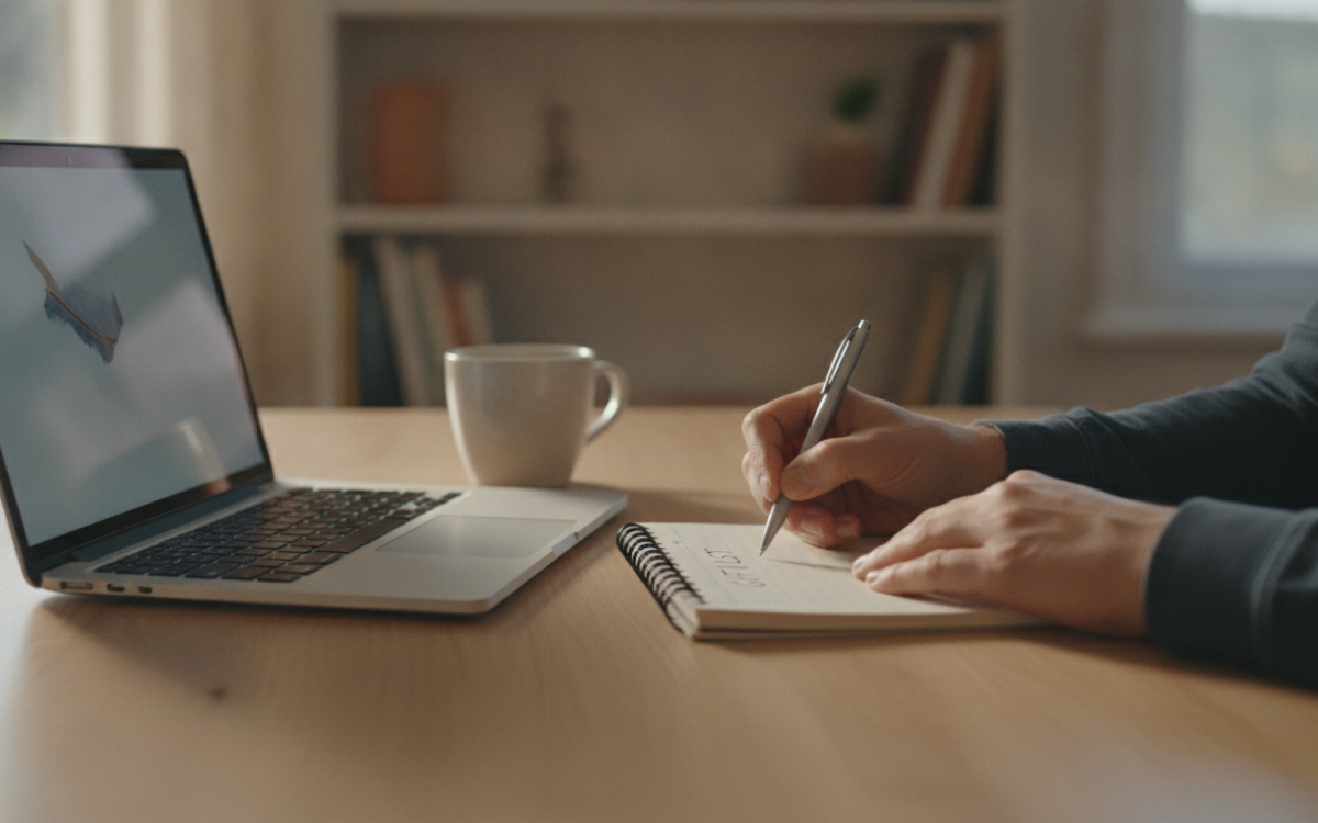 A person writing a holiday gift buying plan in a notebook at home
