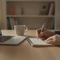 A person writing a holiday gift buying plan in a notebook at home