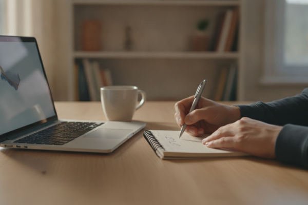 A person writing a holiday gift buying plan in a notebook at home