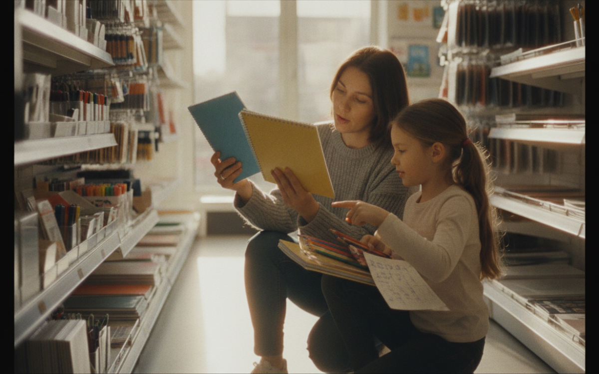 Parent and child doing back to school shopping on a budget while comparing supplies in a store