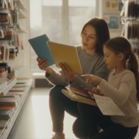 Parent and child doing back to school shopping on a budget while comparing supplies in a store