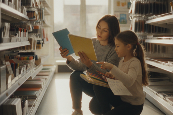 Parent and child doing back to school shopping on a budget while comparing supplies in a store