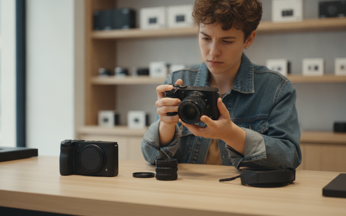 Shopper comparing two cameras while buying a camera in a store