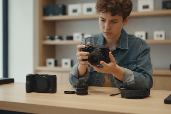 Shopper comparing two cameras while buying a camera in a store