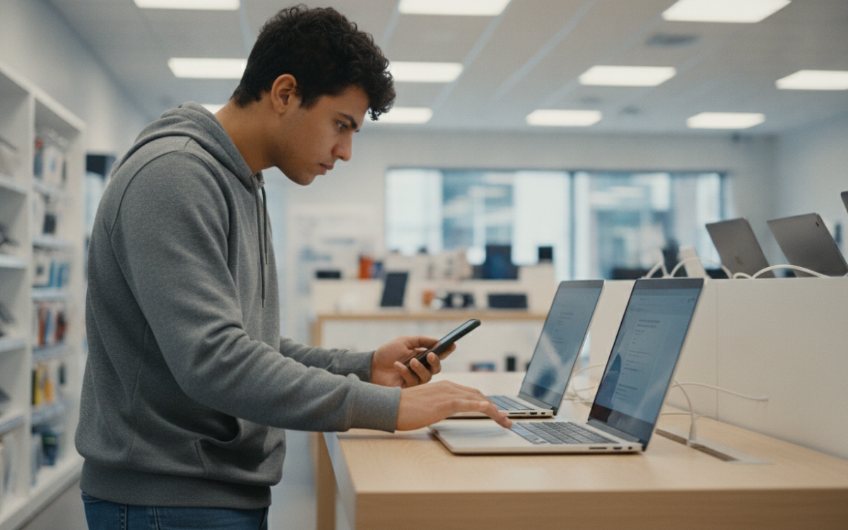 Shopper comparing laptops to find the best times to buy electronics