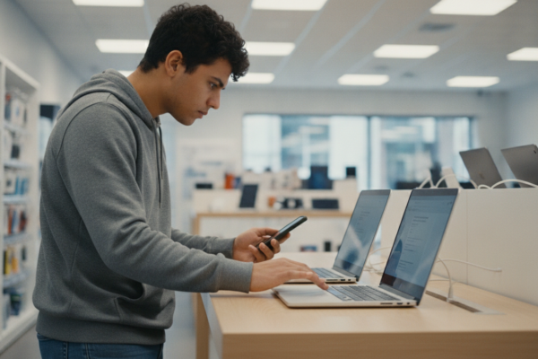 Shopper comparing laptops to find the best times to buy electronics
