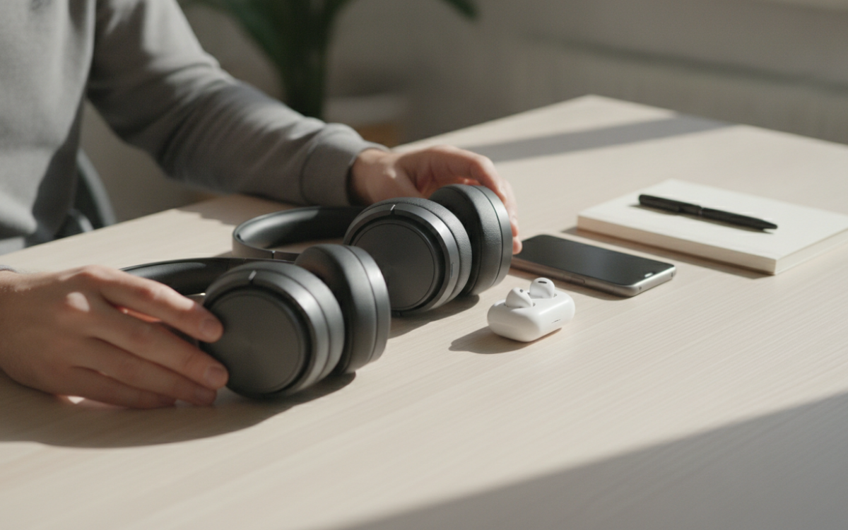 Shopper comparing the best value everyday headphones on a clean table