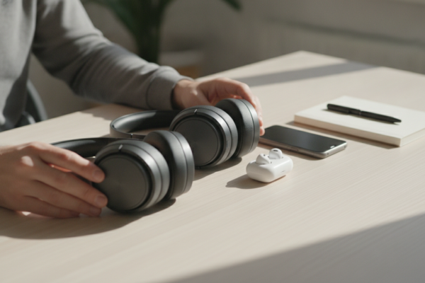 Shopper comparing the best value everyday headphones on a clean table