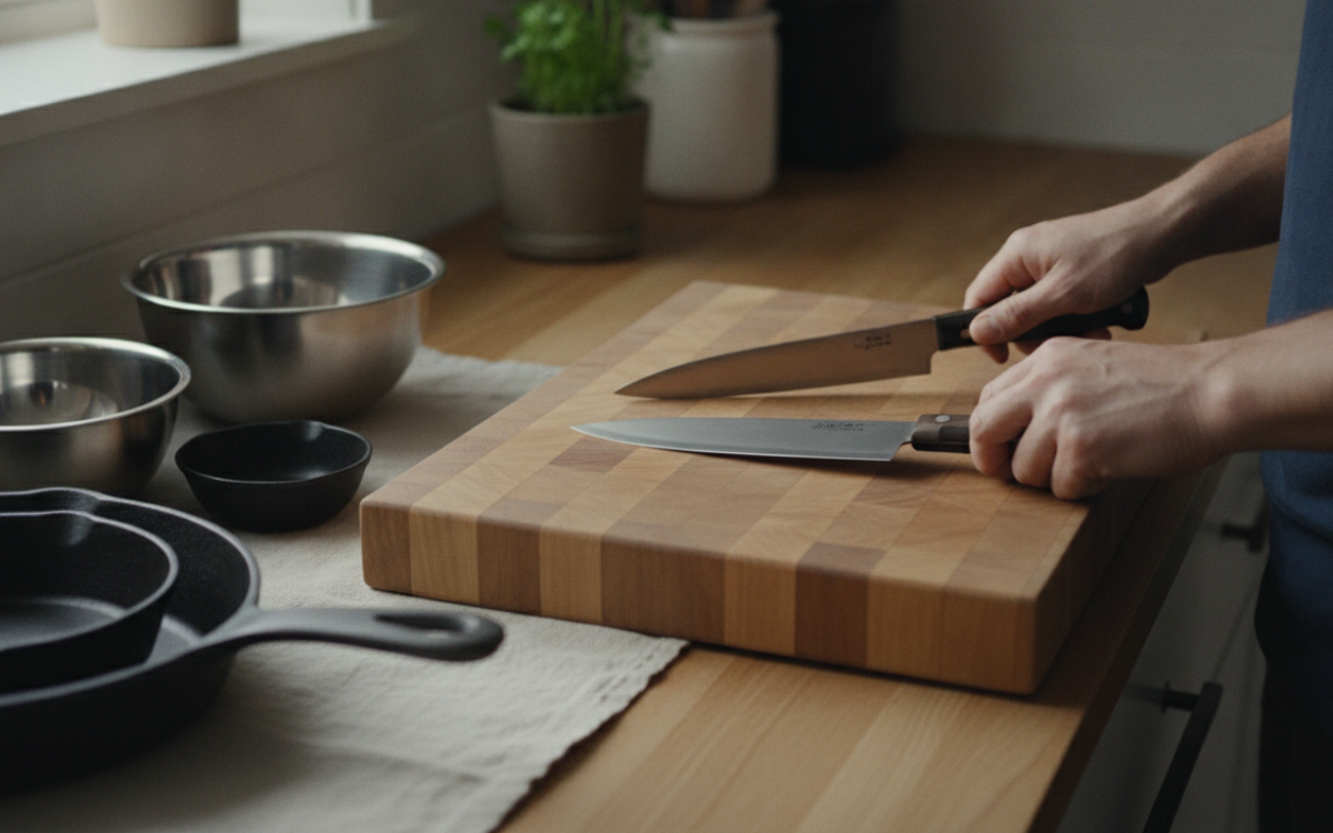 Shopper comparing the best value kitchen tools on a bright kitchen counter