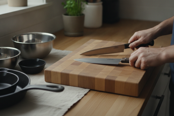 Shopper comparing the best value kitchen tools on a bright kitchen counter