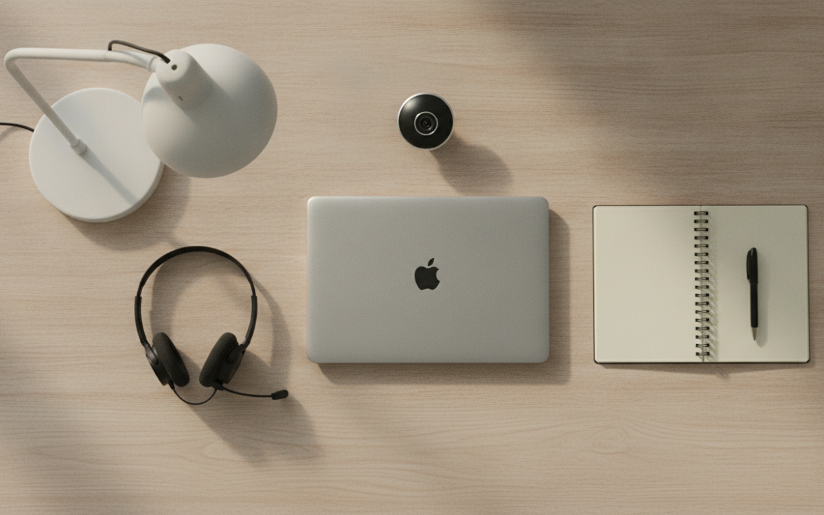 Gear for working from home laid out neatly on a desk with laptop, headset, and lamp