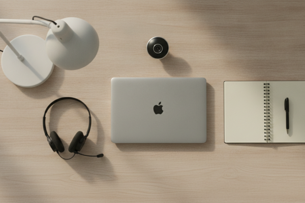 Gear for working from home laid out neatly on a desk with laptop, headset, and lamp
