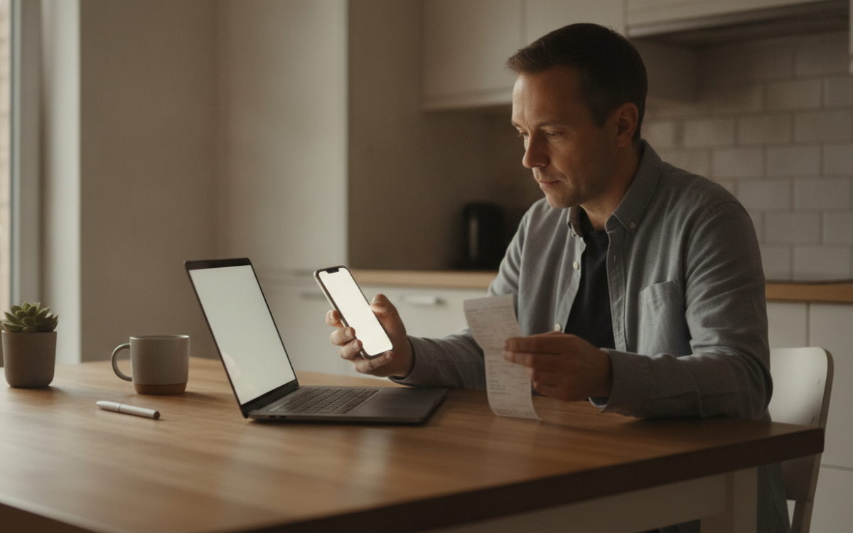Shopper on phone and laptop learning how cashback apps work while reviewing a receipt