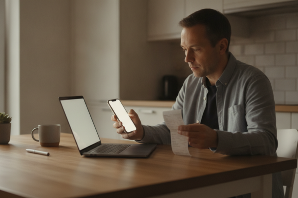 Shopper on phone and laptop learning how cashback apps work while reviewing a receipt