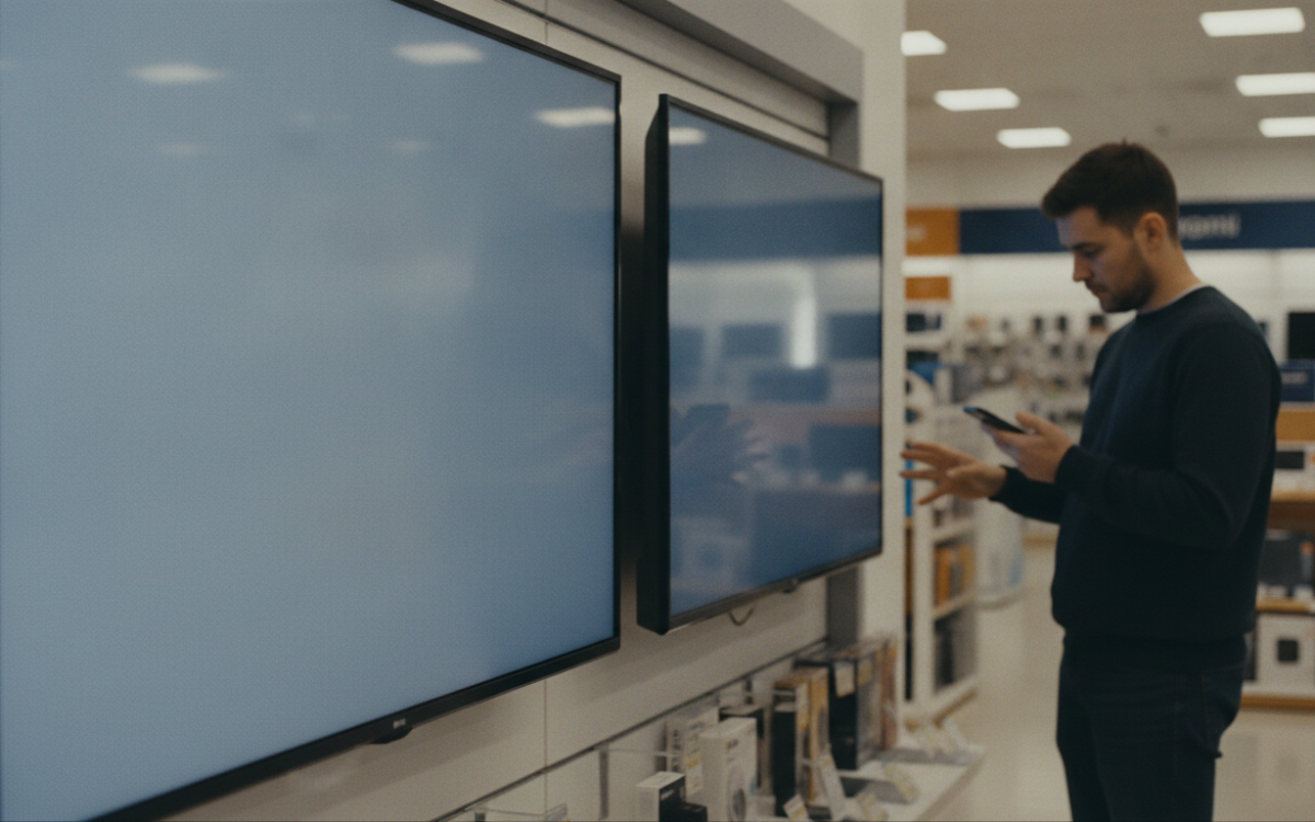 Shopper comparing two screens to buy a tv the smart way in a store