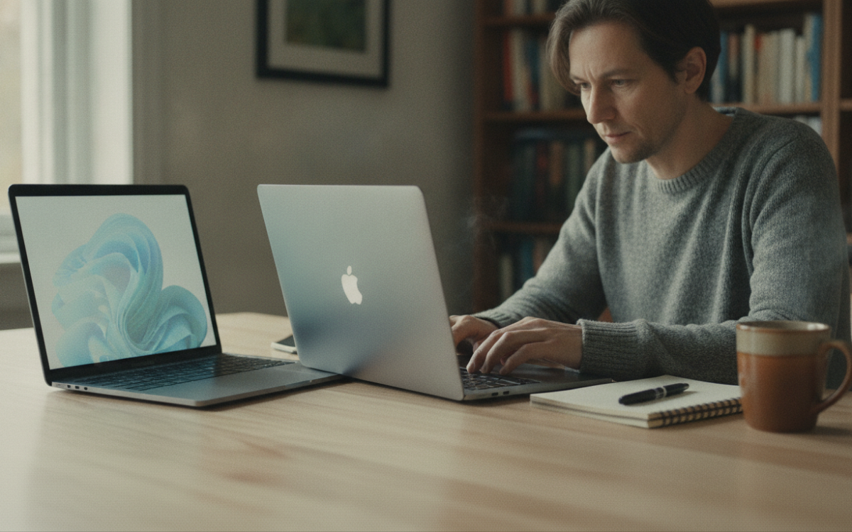 Shopper comparing two models to choose a budget laptop on a table