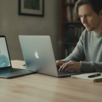 Shopper comparing two models to choose a budget laptop on a table