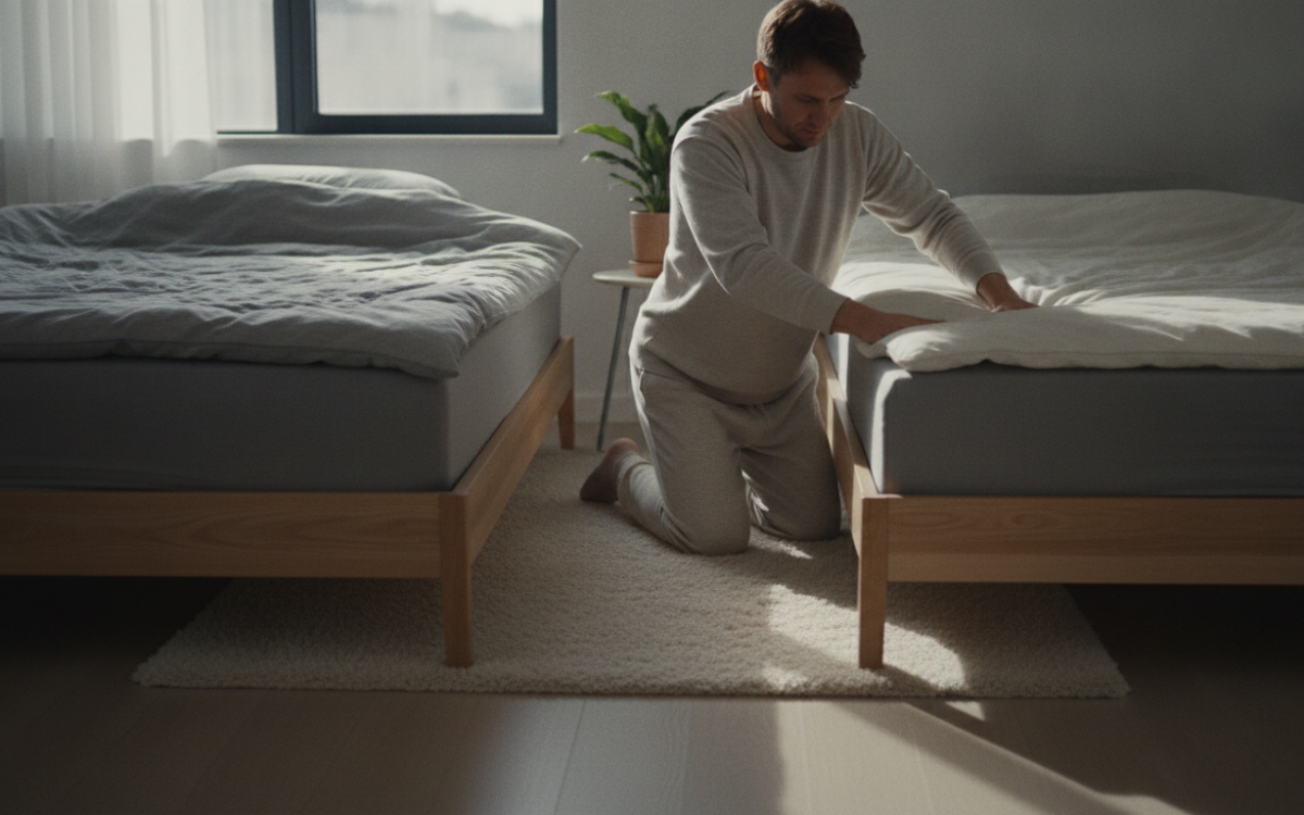 Shopper testing firmness while choosing a good cheap mattress at home