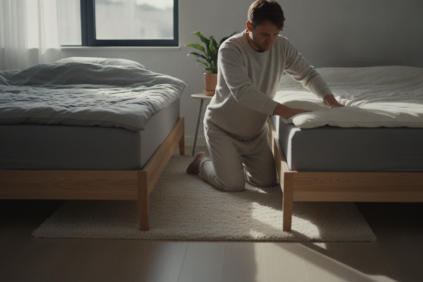 Shopper testing firmness while choosing a good cheap mattress at home