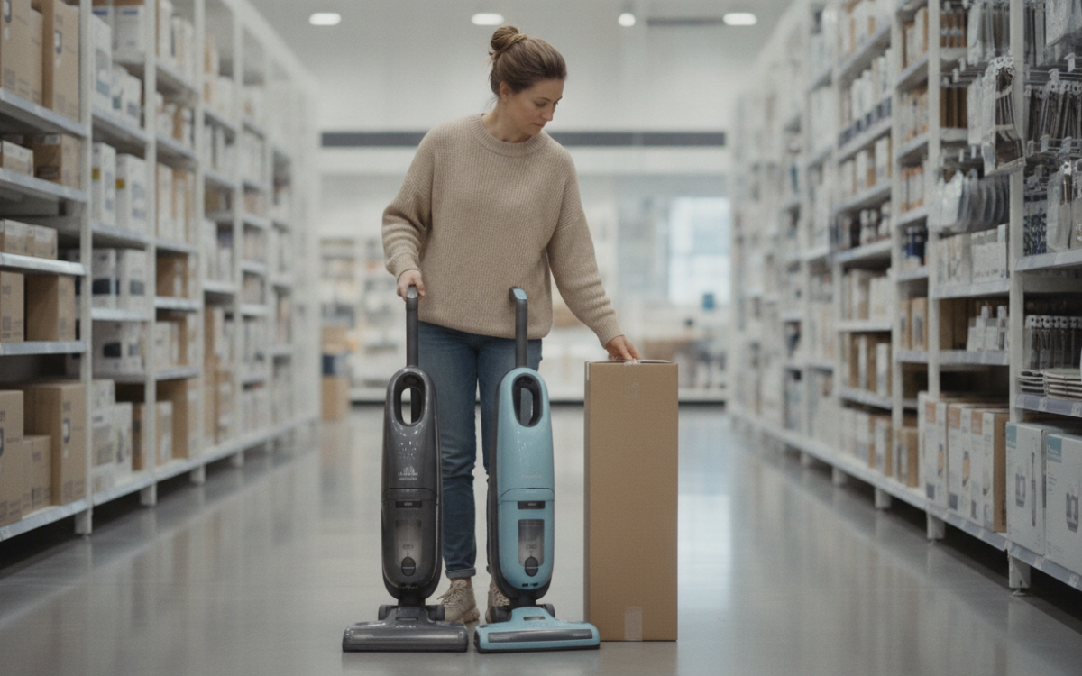 Shopper learning how to choose a vacuum by comparing two models in a store