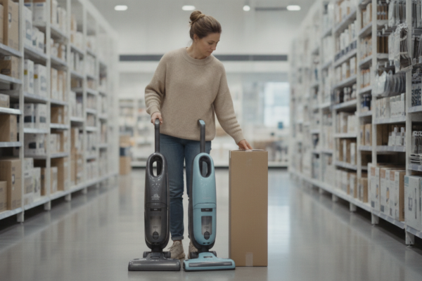 Shopper learning how to choose a vacuum by comparing two models in a store