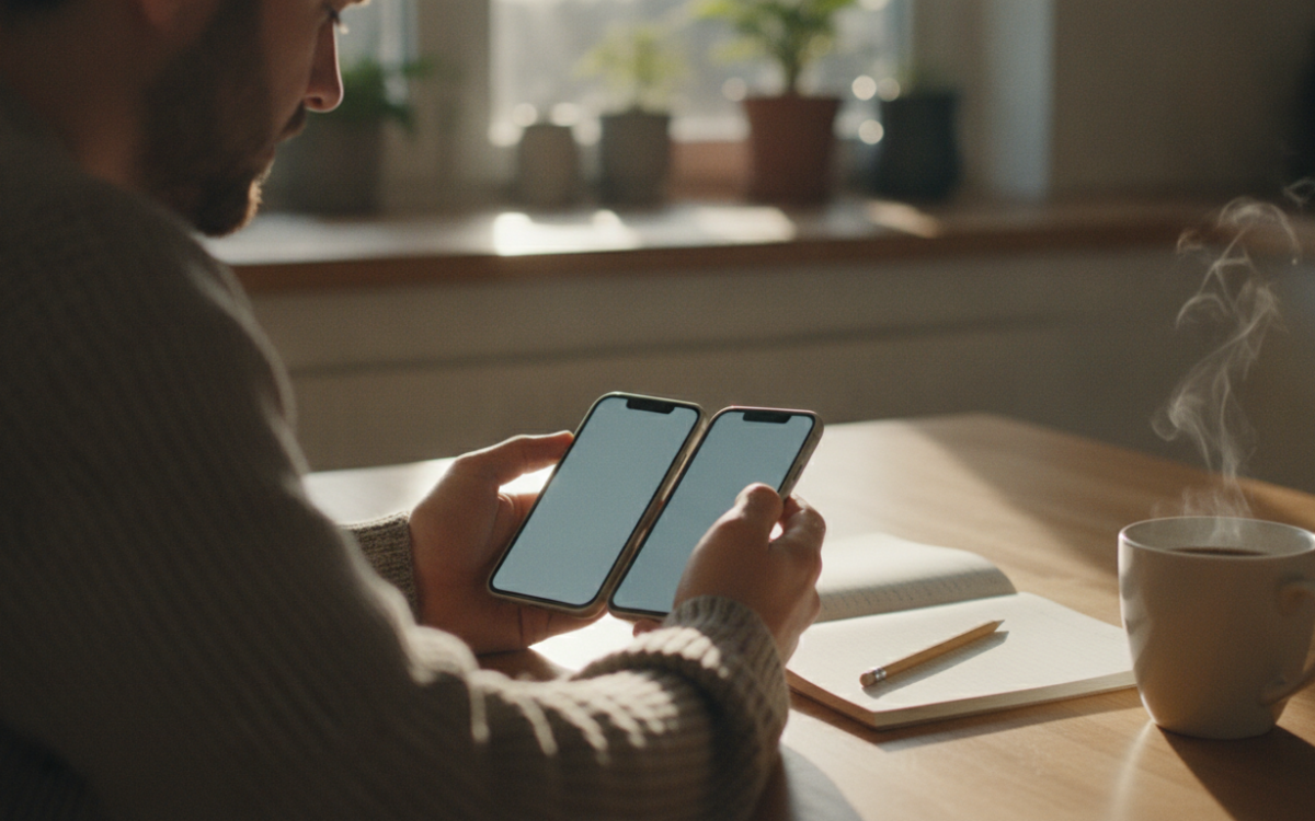 Shopper comparing two phones to choose a reliable budget phone at home