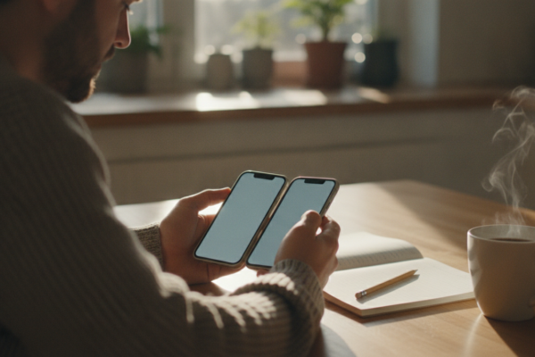 Shopper comparing two phones to choose a reliable budget phone at home