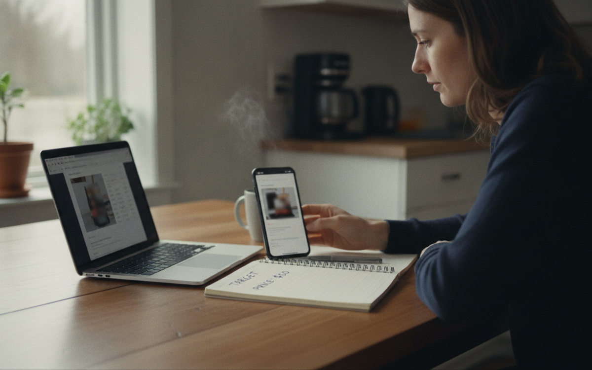 Shopper setting up price drop alerts on a laptop and phone at home
