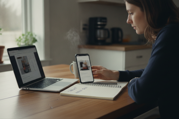 Shopper setting up price drop alerts on a laptop and phone at home