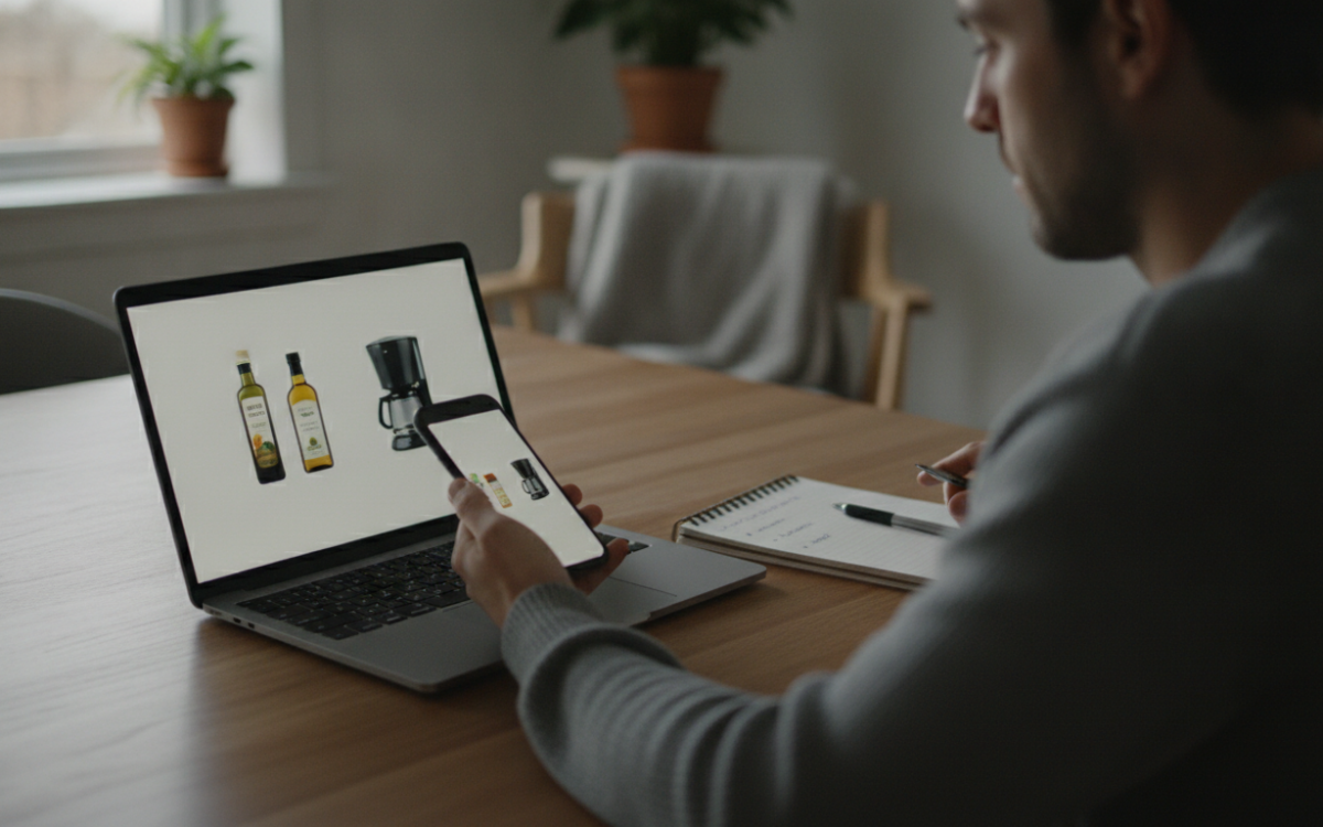 Shopper comparing prices online to spot a real deal before buying