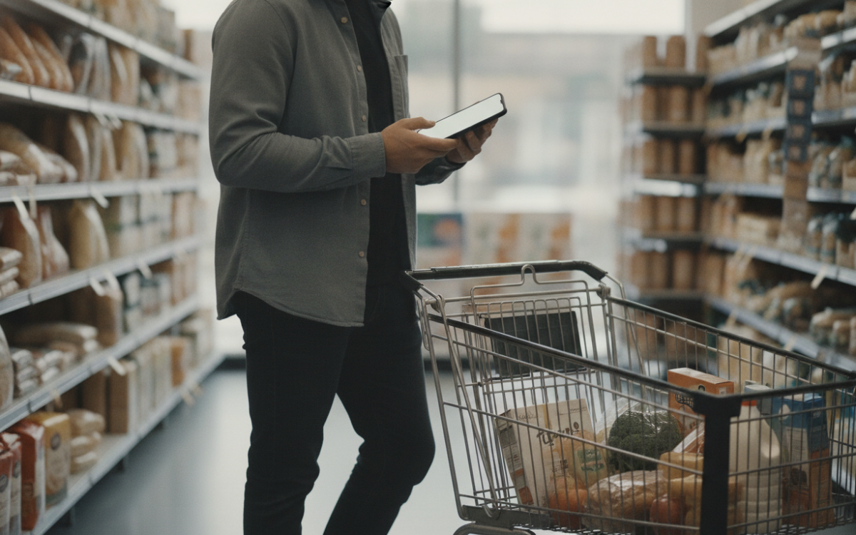 Shopper using a phone app to use store loyalty programs while grocery shopping