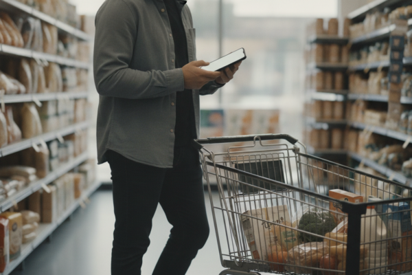 Shopper using a phone app to use store loyalty programs while grocery shopping