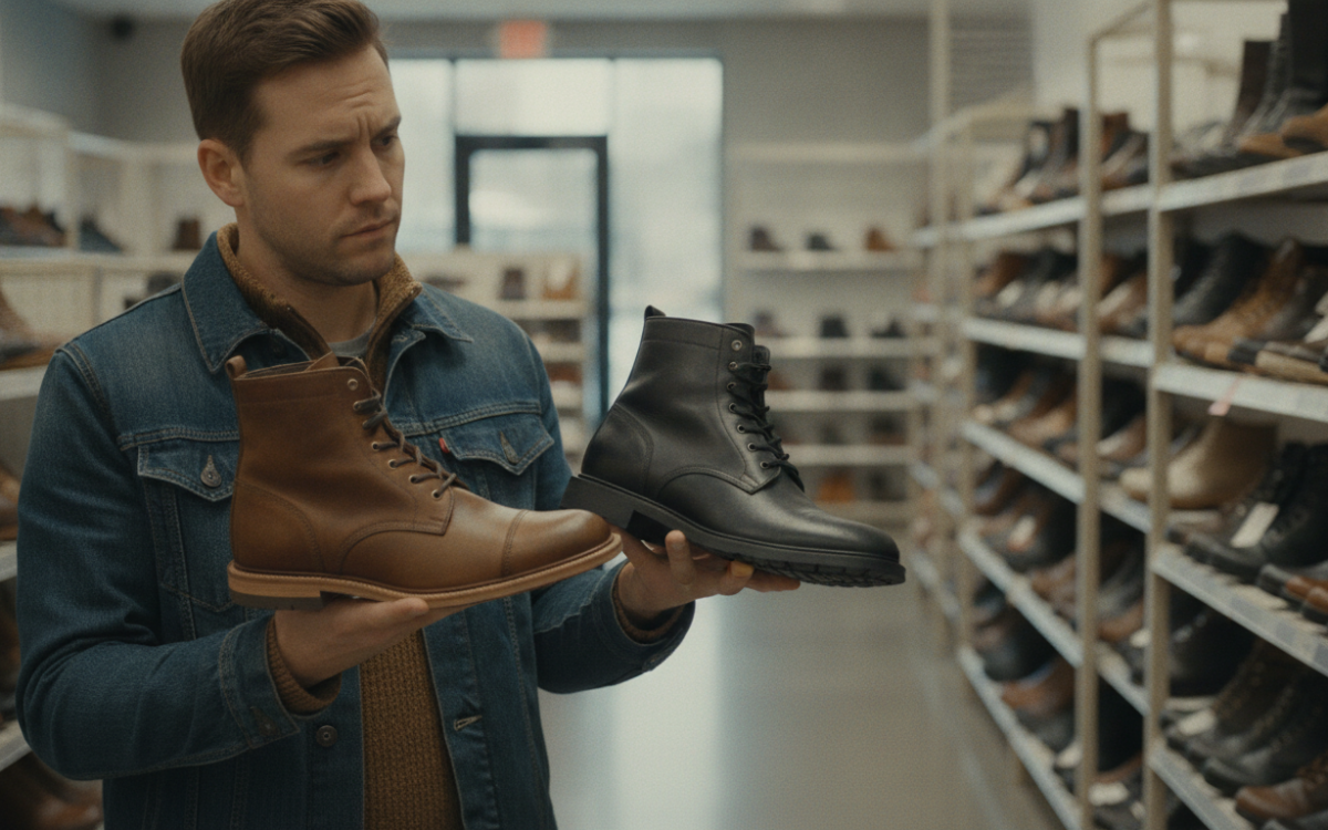 Shopper comparing boots to find items worth spending more on