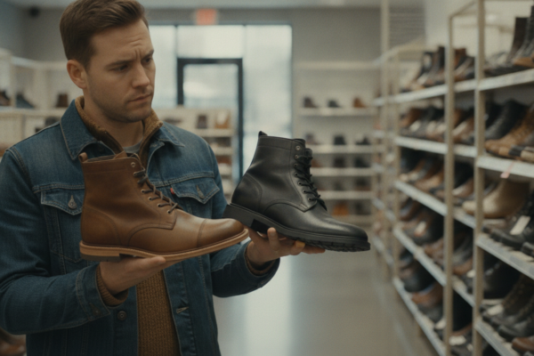 Shopper comparing boots to find items worth spending more on