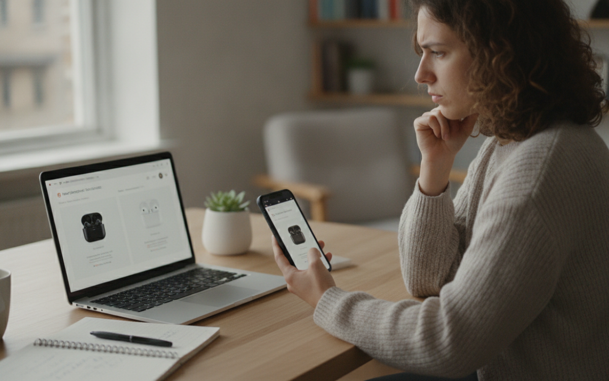Shopper checking signs a sale price is a good price by comparing products online