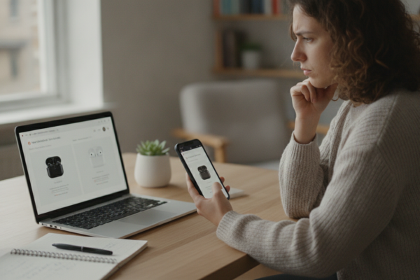 Shopper checking signs a sale price is a good price by comparing products online