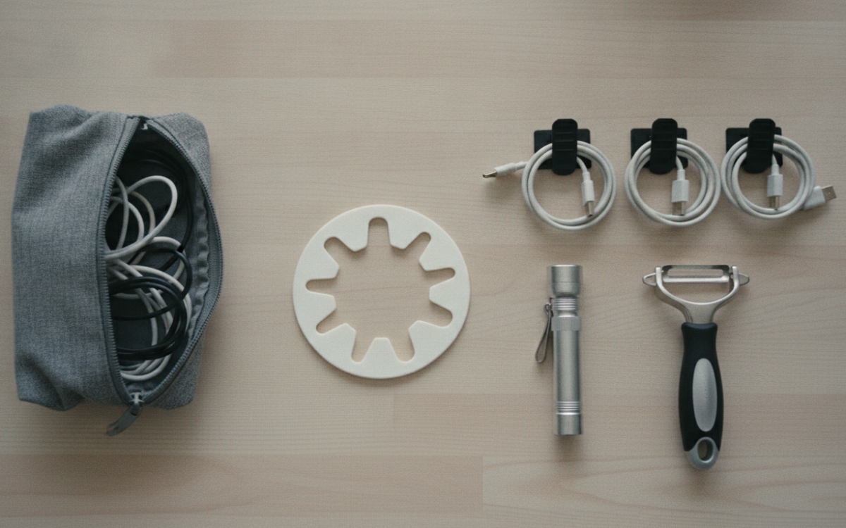 Flat lay of simple gadgets that make life easier arranged on a wooden table