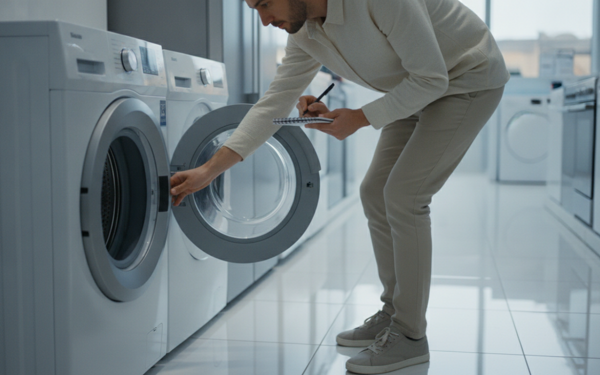 Shopper comparing models while buying a washing machine in a store