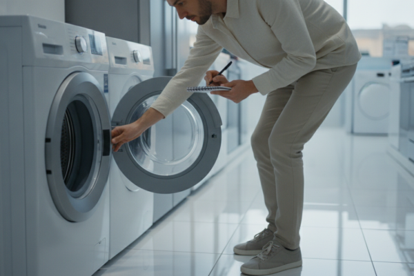 Shopper comparing models while buying a washing machine in a store