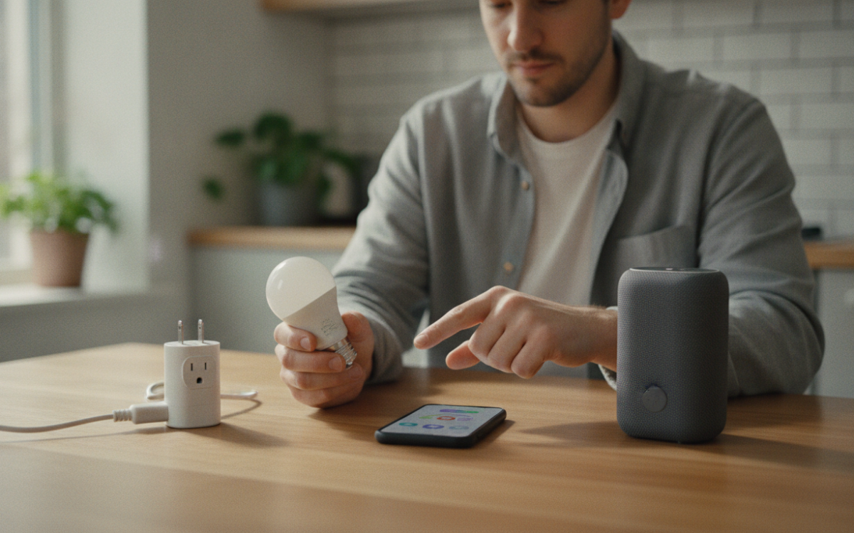 Shopper comparing smart home devices for beginners on a kitchen table