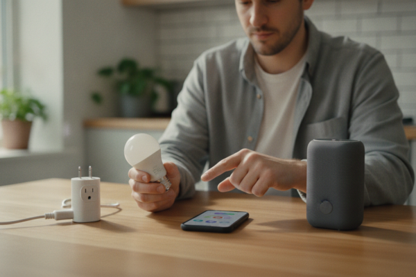 Shopper comparing smart home devices for beginners on a kitchen table