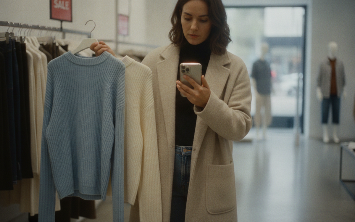 Shopper comparing items to shop clearance in a store while checking prices on a phone