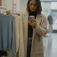 Shopper comparing items to shop clearance in a store while checking prices on a phone