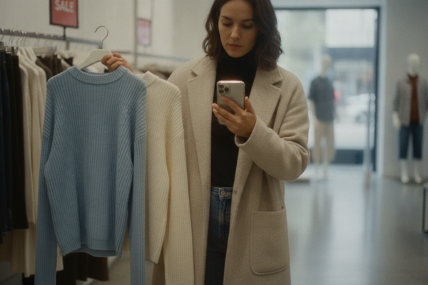 Shopper comparing items to shop clearance in a store while checking prices on a phone