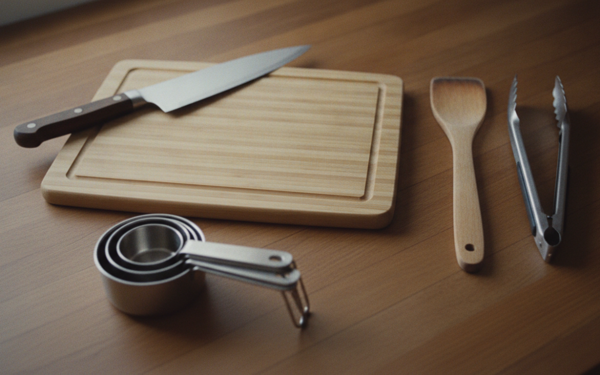 Budget kitchen tools laid out on a wooden counter including a knife, spatula, and measuring cups