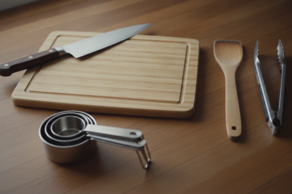Budget kitchen tools laid out on a wooden counter including a knife, spatula, and measuring cups