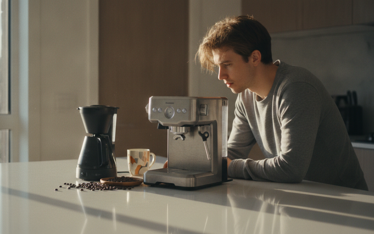 Shopper comparing models while buying a coffee maker on a kitchen counter