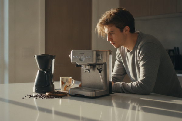 Shopper comparing models while buying a coffee maker on a kitchen counter