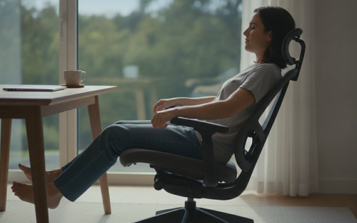 Shopper testing office chair features at a desk before buying