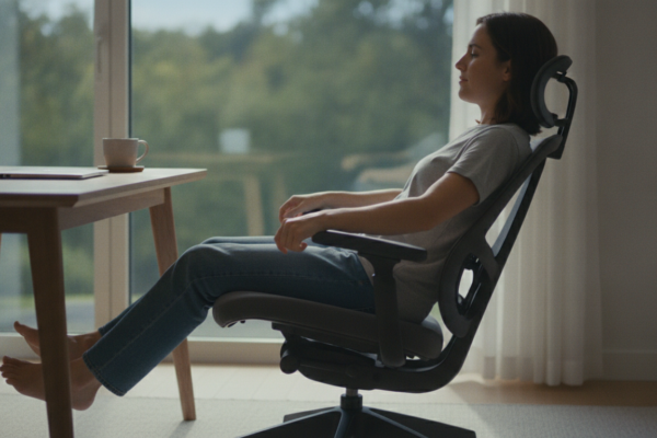 Shopper testing office chair features at a desk before buying